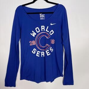 Nike Womens M Blue Athletic Cut Chicago Cubs 2016 World Series Long Sleeve Tee